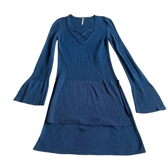 Free People Long-Length Teal Blue Criss Cross Pullover Sweater Bell Sleeves XS - Picture 1 of 9